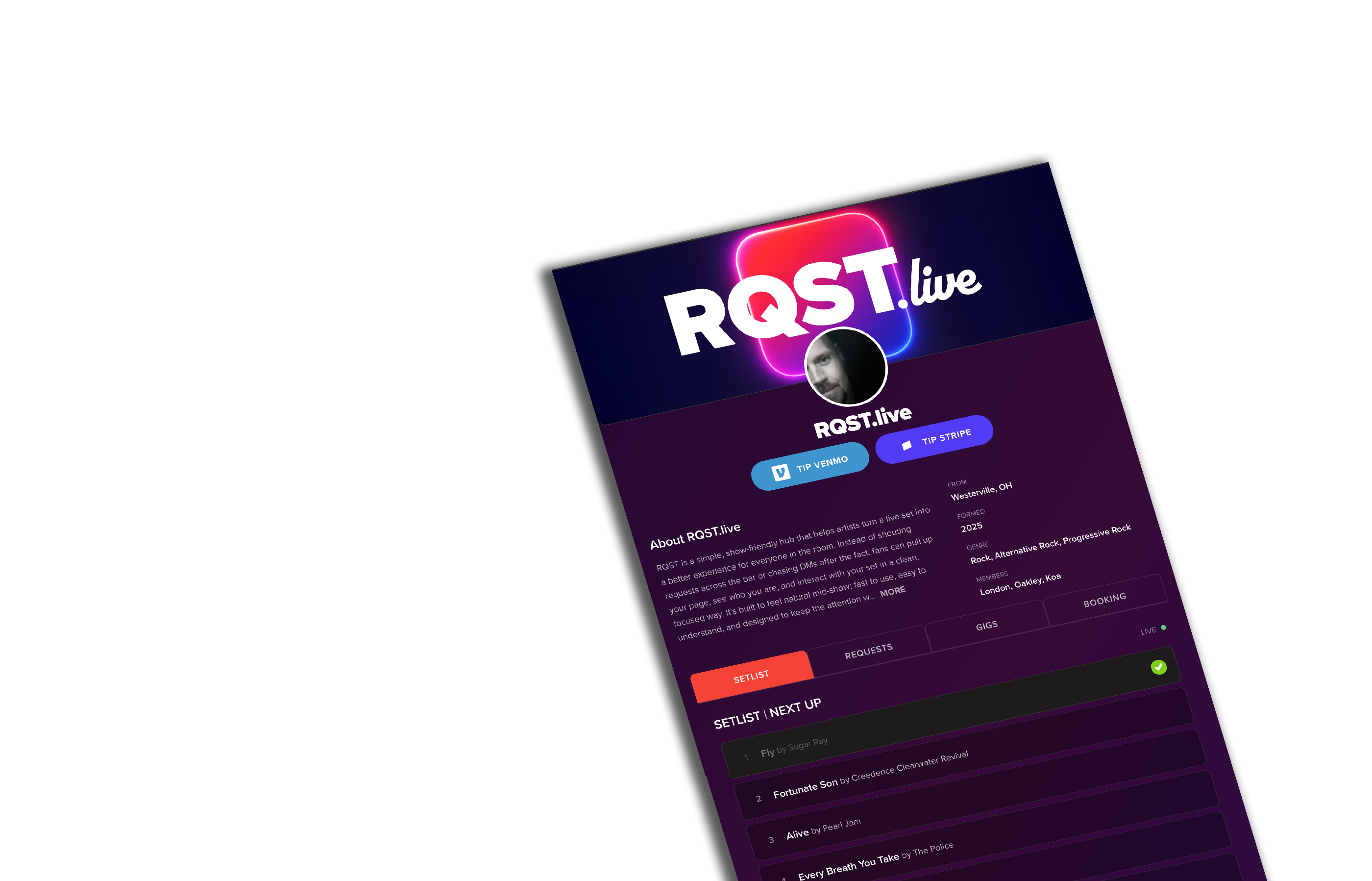 RQST.live fan profile page